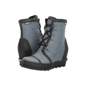 Sorel Joan Rain Wedge Rubber Boots Womens 6.5 Graphite Black Lace Up NL2573-053